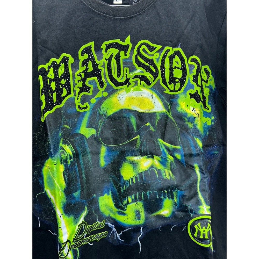 WATSON NWT‎ SKULL SOUND DIGITAL Streetwear TSHIRT BLACK MEN'S SIZE L Rhinestones - Picture 3 of 7